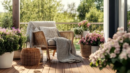Cozy terrace with armchair, cushions, flowers, basket, blanket, and large window. Wooden floor and personal touches create a warm and inviting atmosphere. Perfect for home decor inspiration.