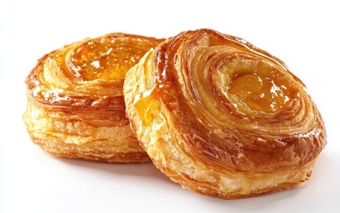 Fototapeta premium Two golden-brown pastries with a swirl pattern and a glossy apricot filling, presented on a white background. The pastries are round, layered, and appear freshly baked