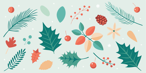 Obraz premium Colorful vector illustration of winter foliage and berries arranged artistically on a light background showcasing seasonal elements