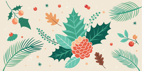Colorful vector illustration of winter foliage and berries arranged artistically on a light background showcasing seasonal elements