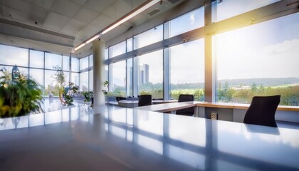 Beautiful blurred background of a light modern office interior with panoramic windows and beautiful lighting