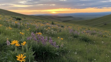 Obraz premium Sunset Meadow: The sun dips below the horizon, painting the sky with warm hues. A vibrant meadow, bursting with wildflowers and grasses, slopes down into a verdant valley.