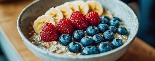 Top view of a bowl of whole grain oatmeal with milk, perfect for a nutritious snack or breakfast, packed with fiber for a wholesome start to your day.