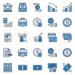Filled blue outline icons set for Banking and Finance.