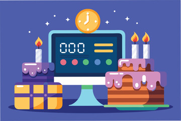 Colorful birthday celebration with a cake, candles, and gifts set against a vivid background at a joyful party atmosphere