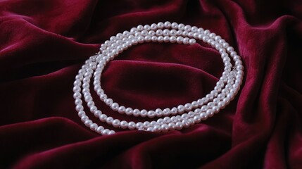 Obraz premium A multi-layer pearl necklace elegantly coiled on a rich, red velvet fabric.