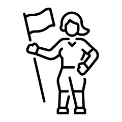 A line style icon of a character holding feminist flag 