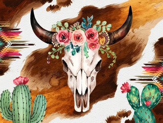 A watercolor illustration of a cow skull adorned with pink flowers, set against a cowhide background with cacti and southwestern tribal patterns.