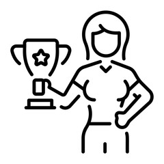 A line icon of a female character holding a winning trophy 