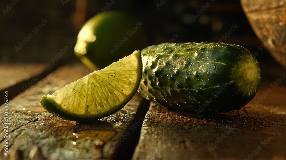 Poster fresh cucumber and lime slice on rustic wood.