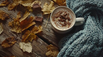 Cozy autumn scene hot chocolate, chocolate pieces, autumn leaves, and a knitted scarf on a wooden table.