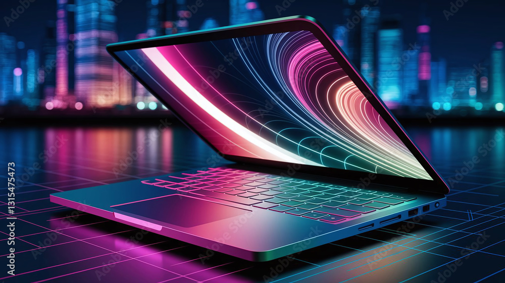 Poster a sleek neon-colored laptop casting a warm ambient light onto a backdrop of abstract swirling data p