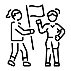 A line icon of characters holding a flag depicting female protest 