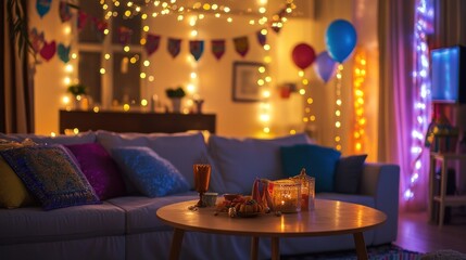 Festive living room decorated with banners, lights, and balloons for Eid celebration