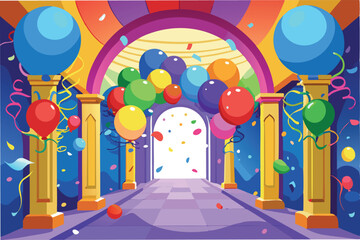 Celebration hallway adorned with colorful balloons and festive decorations, setting the stage for a joyful event