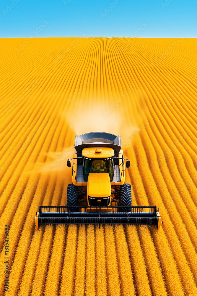Poster a combine harvester skillfully works through a vast oat field, creating intricate symmetrical patter