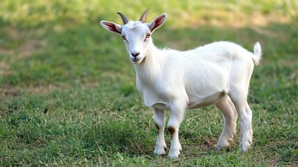 Obraz premium A playful white goat exploring a countryside grassland.