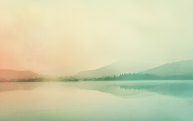 Fototapeta premium Serene landscape painting featuring a tranquil lake reflecting a misty mountain range under a pastel sunrise. Soft color palette of greens, pinks, and beige evokes a calm atmosphere