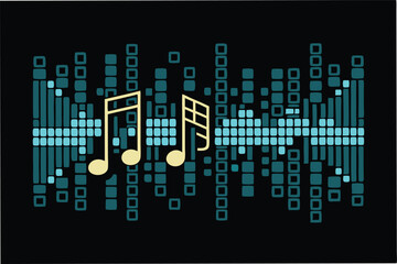 Colorful musical wave pattern featuring notes and sound bars designed in a vector illustration style on a dark background