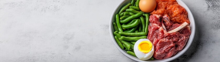 Raw diet dog bowl with fresh lamb, green beans, and egg