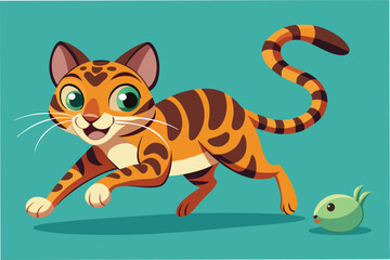 Fototapeta premium Cute orange spotted cat joyfully chasing after a small mouse in a playful outdoor setting during the day