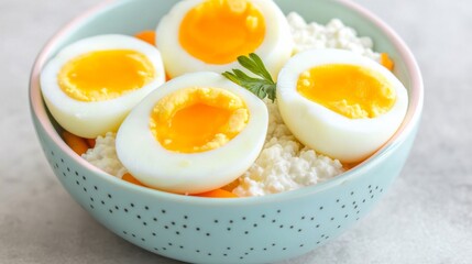 Puppy-friendly meal with soft-boiled eggs, cottage cheese, and mashed carrots in a cute pastel bowl