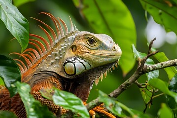 Obraz premium The Iguana in its Illustrating Habitat By looking closely, we can see how the iguana hides in the gaps of the leaves, enjoying the cool tropical atmosphere