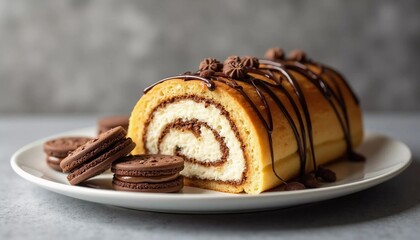 Delicious chocolate swiss roll with cookies on white plate Dessert treat