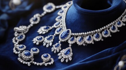 Obraz premium A sapphire and diamond necklace, displayed on a luxurious deep blue velvet cloth.