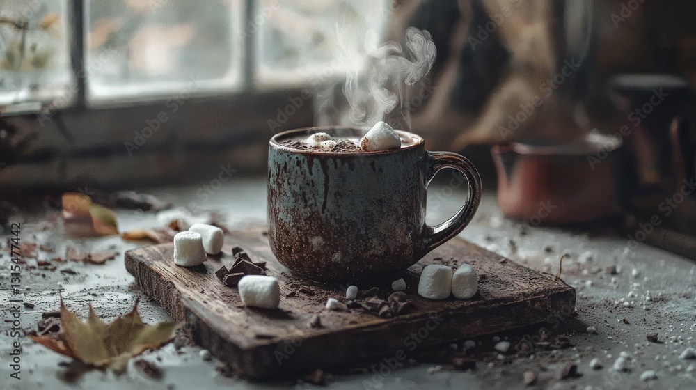 Poster steaming hot chocolate with marshmallows in rustic mug by window.