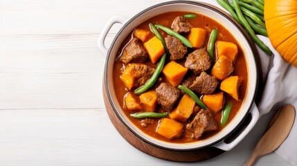 Slow-cooked beef stew with pumpkin and green beans for dogs, steaming in a clay pot