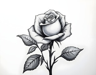 Rose painting black and white with fine lines, featuring elegant petal details and soft leaf texture, creating a classic and dramatic effect