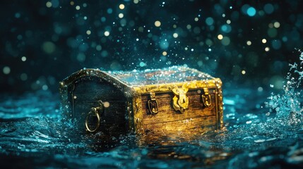 A sparkling treasure chest submerged in shallow ocean waters.