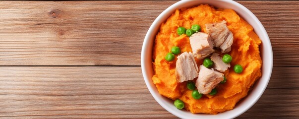Puppy food with mashed sweet potatoes, turkey, and peas