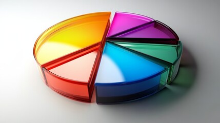 Obraz premium A D pie chart with transparent segments, each slice in a different color, illustrating distribution data, with sleek shadows adding depth