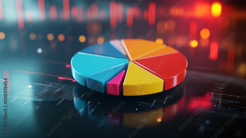 Aufkleber a colorful d pie chart in motion, with segments rotating slowly to reveal various data points, surro