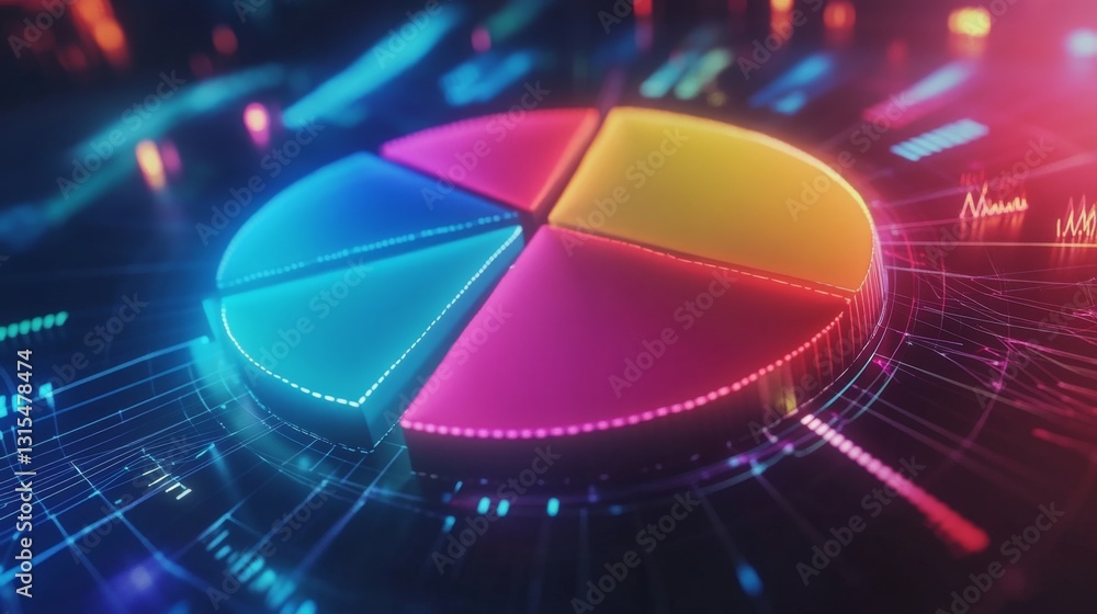 Aufkleber a colorful d pie chart in motion, with segments rotating slowly to reveal various data points, surro