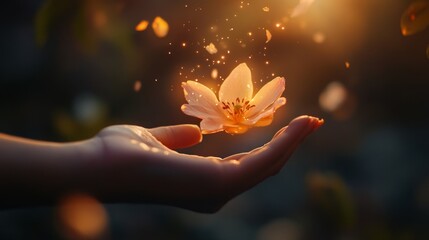 A hand delicately holding a floating flower, with petals glowing and suspended in mid-air, surrounded by a soft, magical light