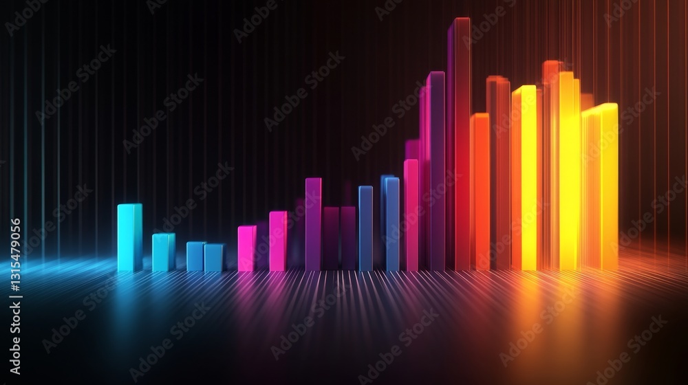 Poster a sleek statistical chart with d bars, illuminated by light and shading effects, contrasting against