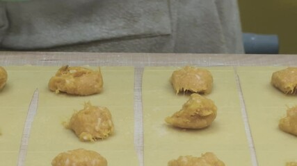 Putting filling into home made ravioli 4k