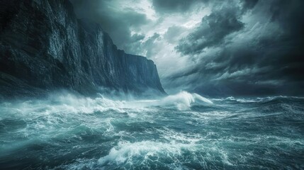 Dramatic stormy ocean waves crashing against dark cliffs.