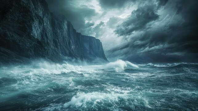 Dramatic stormy ocean waves crashing against dark cliffs.