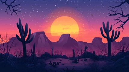 Sunset over desert landscape with cacti and mountains.