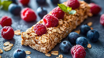 Rolgordijnen zonder boren Natural energy-packed muesli granola bar snack with oats and grains featuring fruit and berries perfect for a healthy fitness food choice on a white background © diowcnx