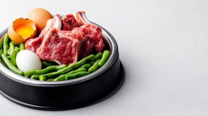 Raw diet dog bowl with fresh lamb, green beans, and egg