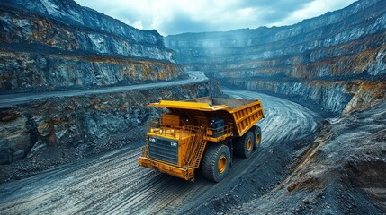 A large yellow dump truck is driving down a dirt road in a rocky area. The truck is surrounded by a lot of rocks and dirt, and the sky is cloudy. The scene gives off a sense of ruggedness