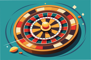 Colorful illustrated roulette wheel spins rapidly on a dynamic background, signaling excitement and anticipation in a casino setting