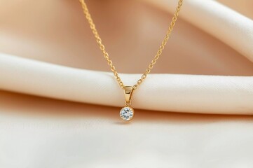 A delicate gold necklace with a small diamond pendant on soft creamy fabric
