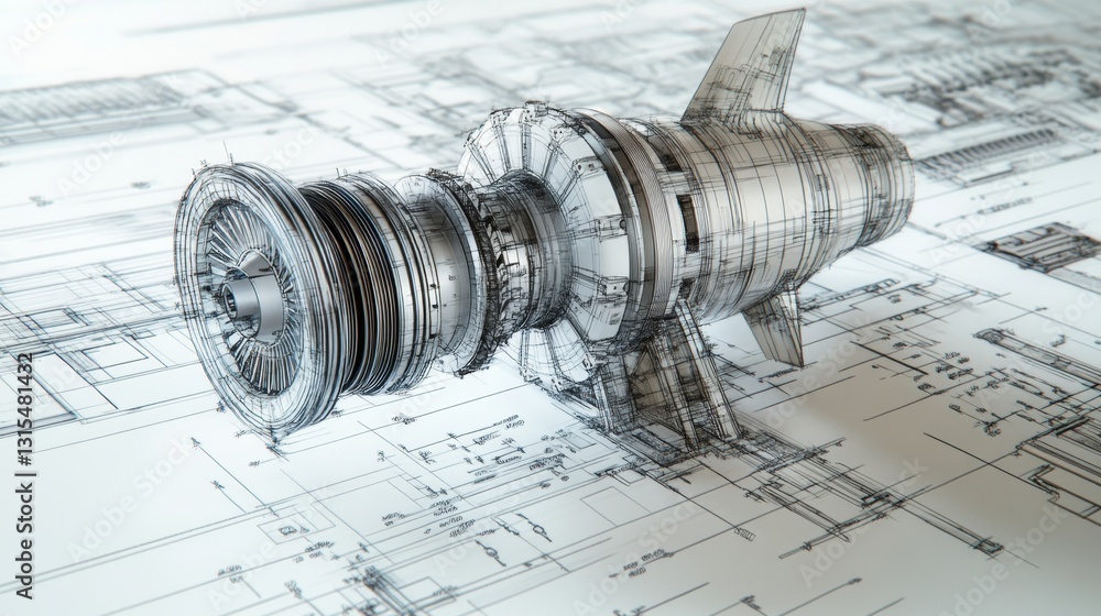 Poster creating a high-precision engineering drawing of a turbine workshop technical blueprint industrial e