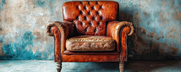 Vintage retro brown leather armchair furniture with a shabby soft interior perfect for enhancing your living space with a touch of charm and character.